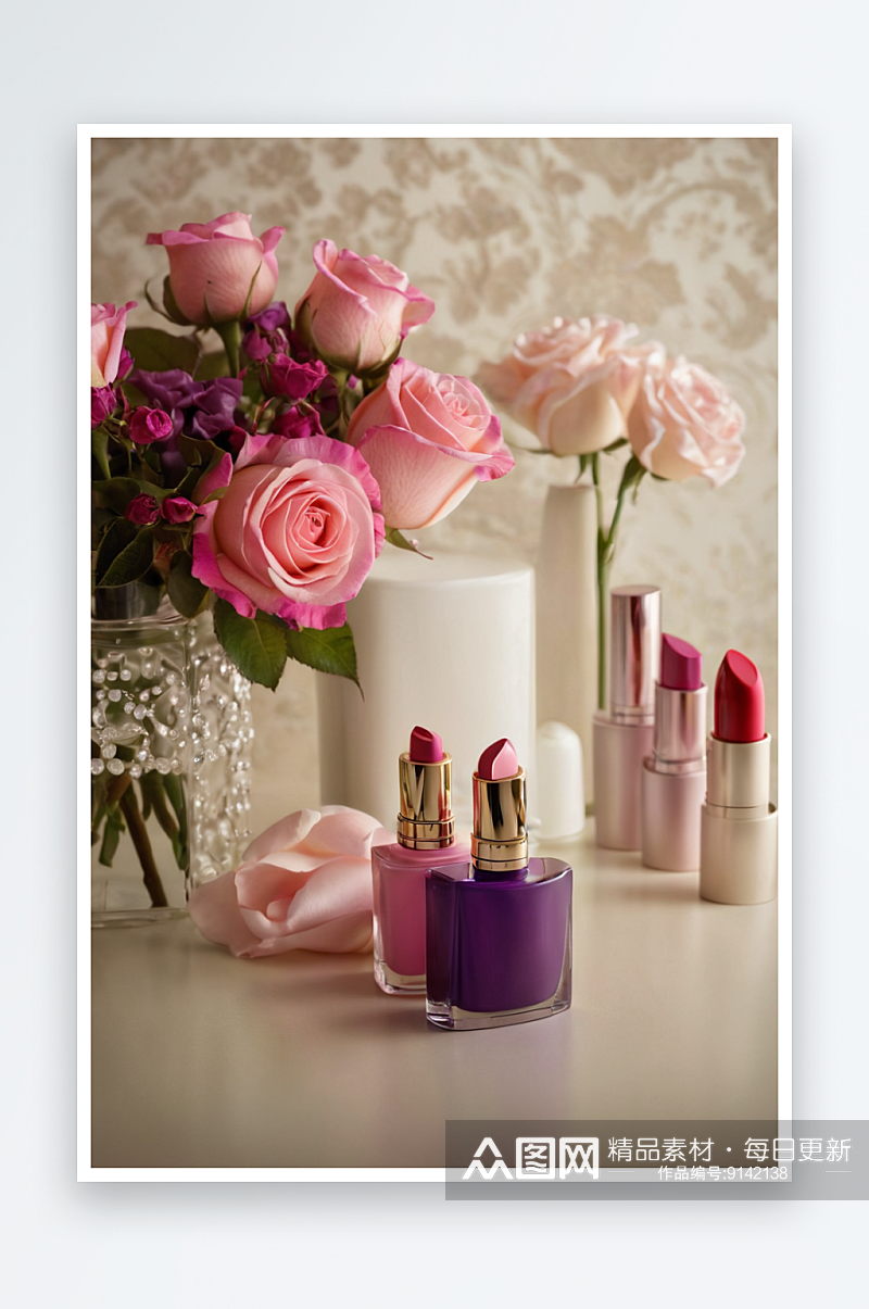 紫色香水瓶两瓶唇膏还有一束粉色淡粉色玫瑰素材
