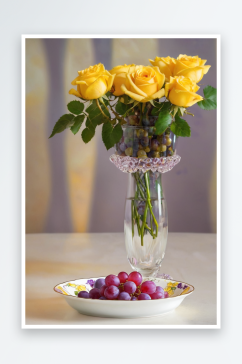 紫葡萄与黄玫瑰盘里紫红葡萄摆插着黄玫瑰花