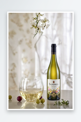 装瓶子玻璃杯中白桑塞尔葡萄酒照片