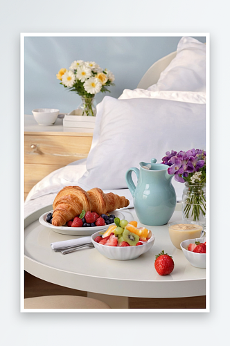 早餐牛角面包水果沙拉放床上托盘上图片