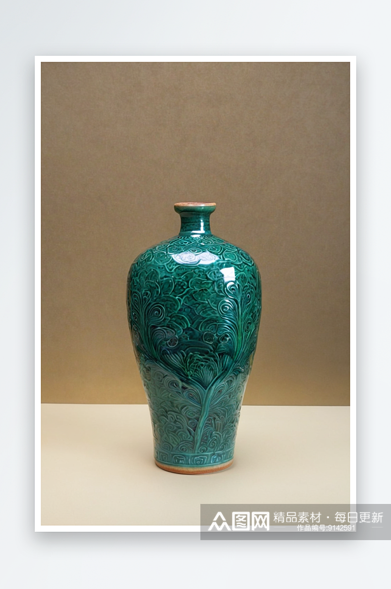 元代磁州窑孔雀绿釉人物纹梅瓶图片素材