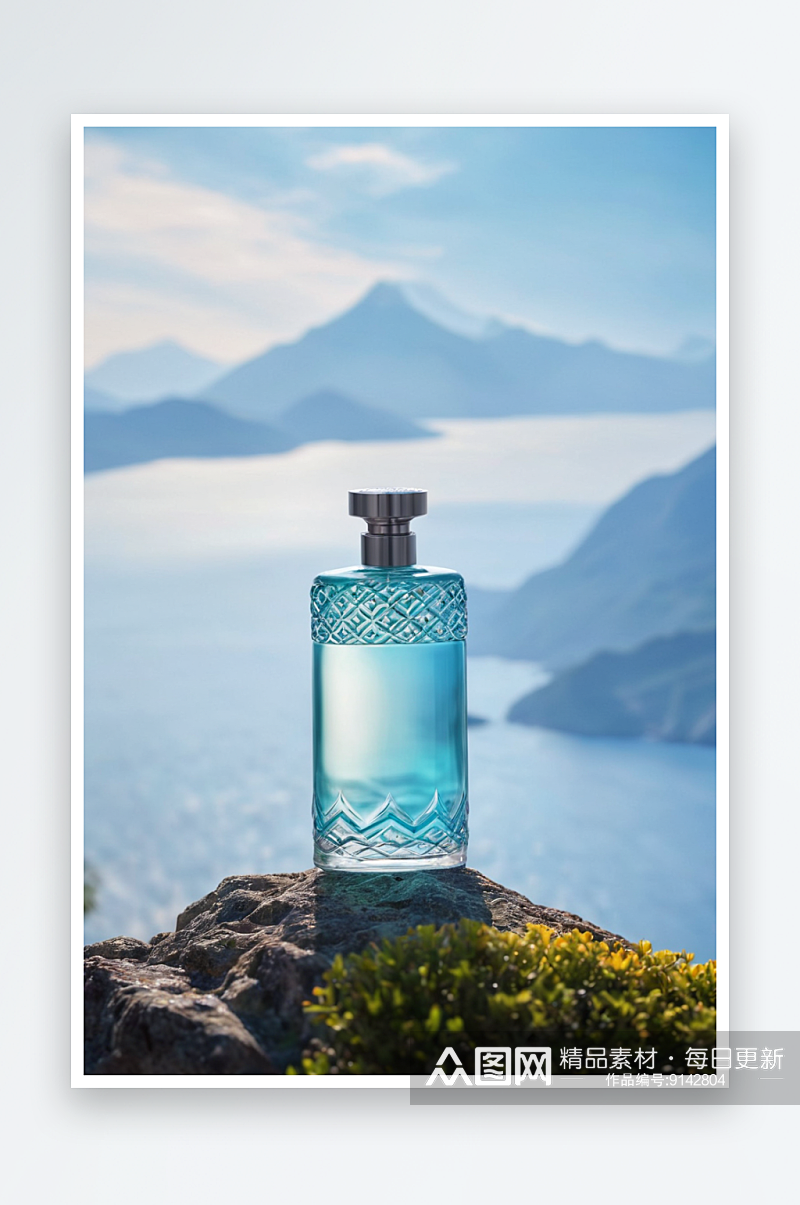 以大海山景为背景一瓶精华液图片素材