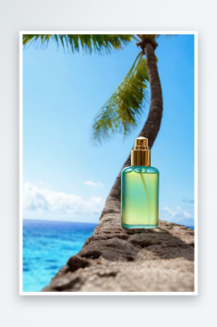 以碧蓝大海蓝天热带棕榈树为背景一瓶精华液