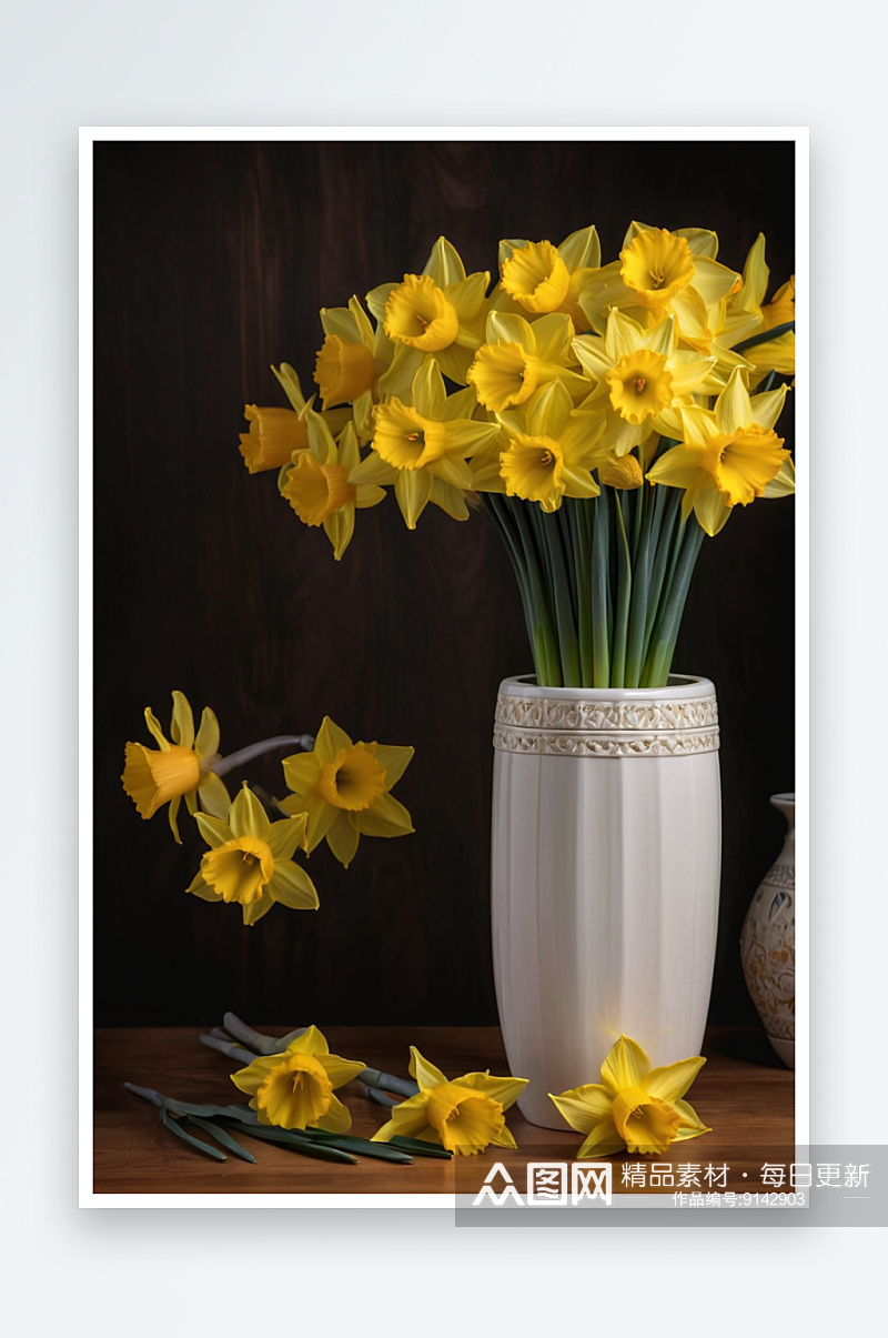 一束黄色水仙花插木制白色陶瓷花瓶里图片素材