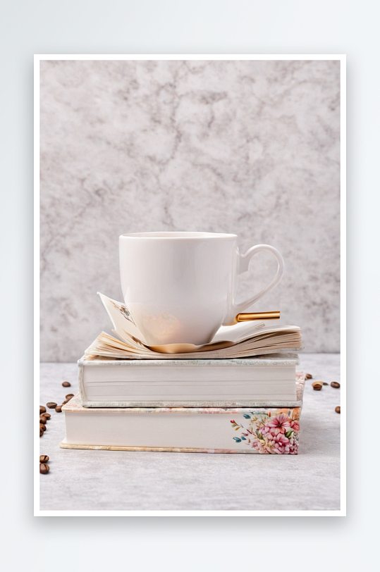 一堆书上咖啡杯照片