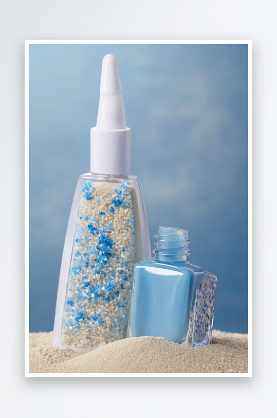 一堆沙子里放一瓶化妆品凝胶或精华液蓝色背