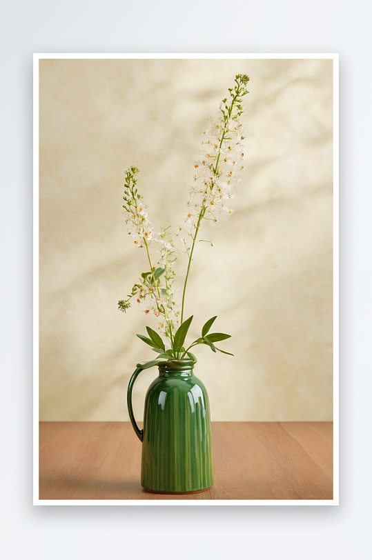 野花小绿色陶瓷罐花瓶奶油色背景图片