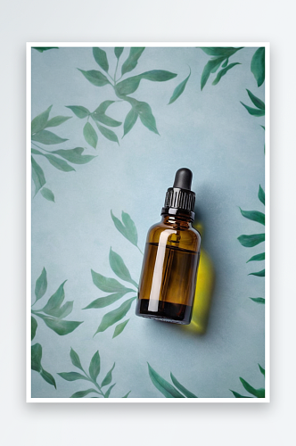 香精油瓶与热带树叶图片