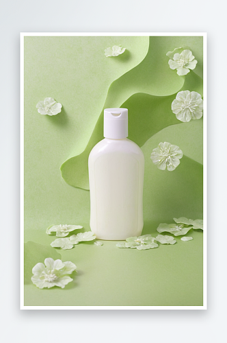 洗液瓶皮肤护理美容化妆品产品上绿色纸屑洗