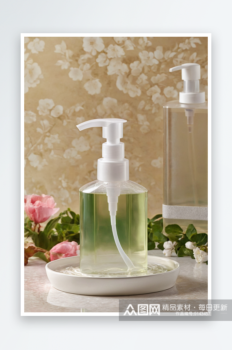 透明塑料容器桌上有一个分配器液体肥皂瓶洗素材