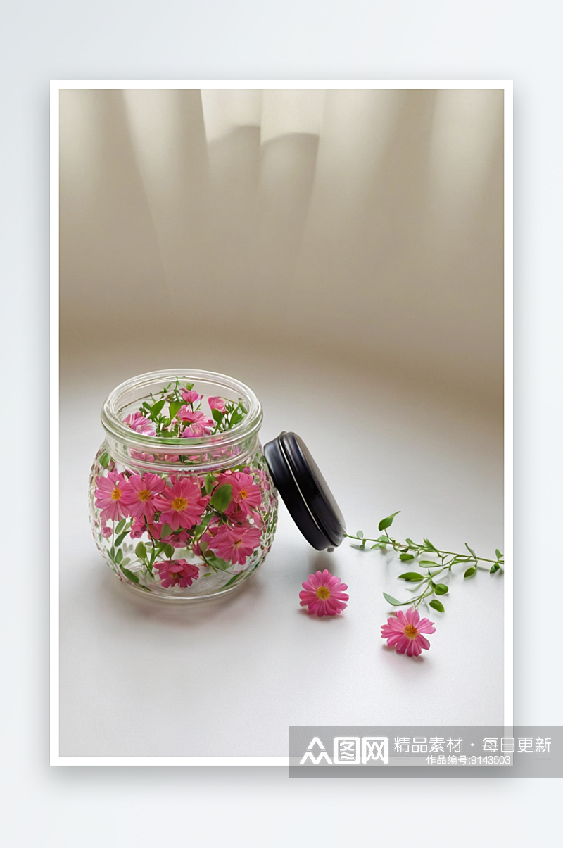 透明玻璃罐小清新花朵绿叶图片素材