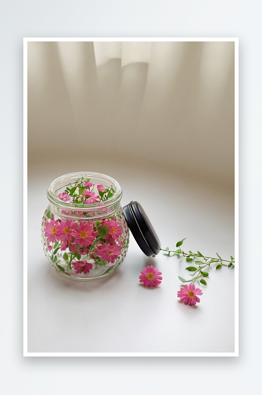 透明玻璃罐小清新花朵绿叶图片