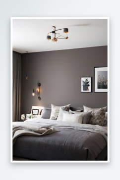 舒适双人床现代卧室与灰色油漆墙图片