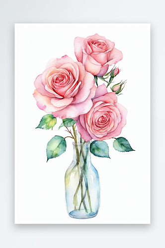 手绘水彩玫瑰花插花组合绘画插画图片