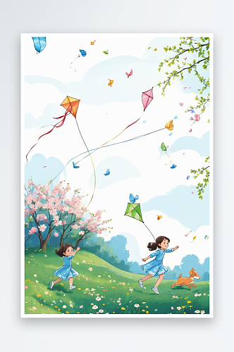手绘清新扁平化春天踏青儿童放风筝图片