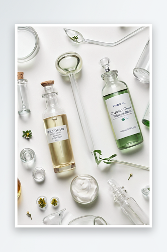 实验室玻璃器皿化妆品玻璃瓶白色背景天然药