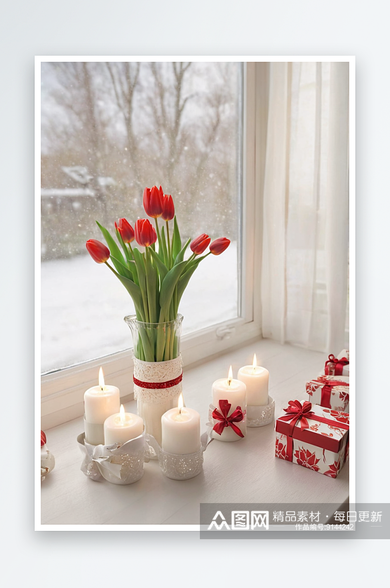 圣诞礼物蜡烛红色郁金香靠近窗户图片素材