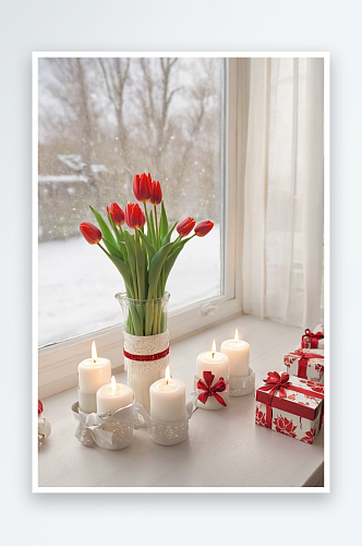 圣诞礼物蜡烛红色郁金香靠近窗户图片
