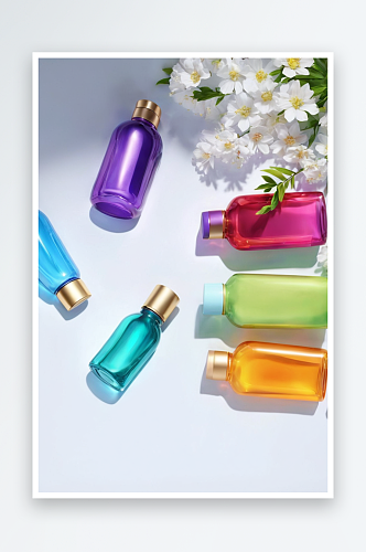 浅色背景美容产品彩色瓶子图片