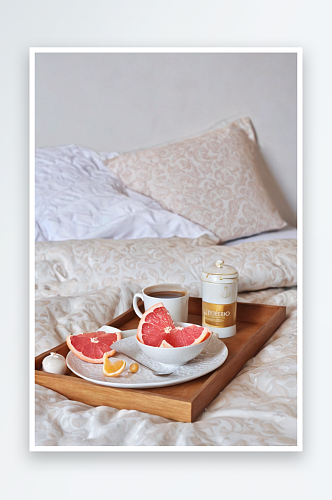 葡萄柚咖啡早餐放床上图片
