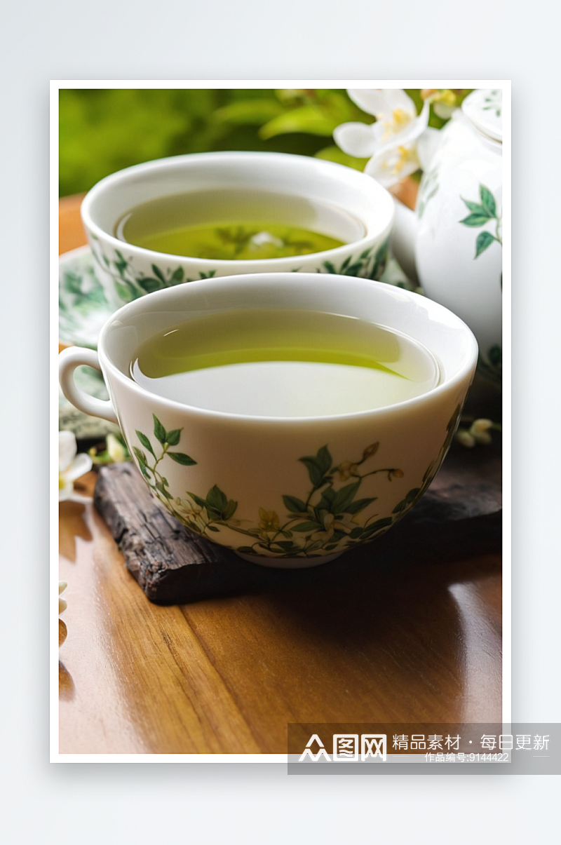 木桌上茶杯茶壶中有茉莉花绿茶照片素材
