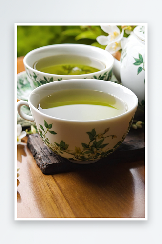 木桌上茶杯茶壶中有茉莉花绿茶照片