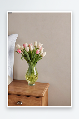 木制床头柜上花瓶里插着一束郁金香图片