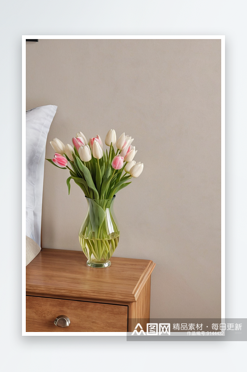 木制床头柜上花瓶里插着一束郁金香图片素材