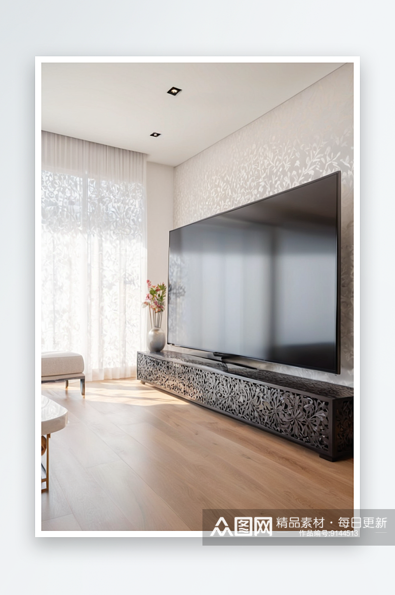 明亮宽敞客厅与大屏幕智能电视机图片素材