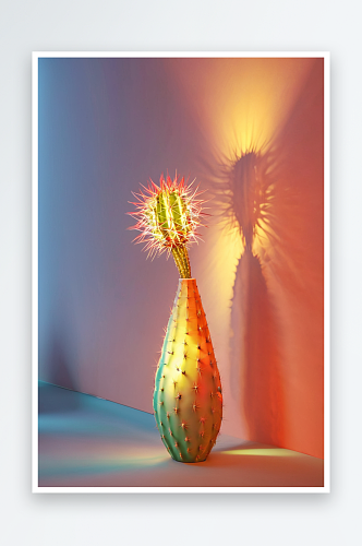 明亮灯光投射花瓶里仙人掌花图片