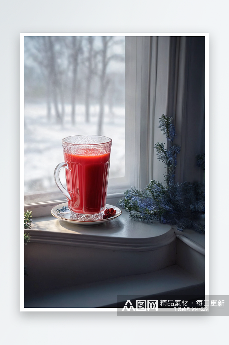 明亮窗户背景下一杯热腾腾红色饮料照片素材
