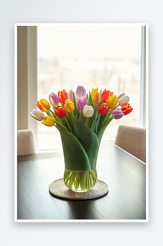 美丽多彩郁金香花束玻璃花瓶上桌子窗口背景