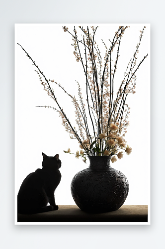 猫坐花瓶旁边剪影图片
