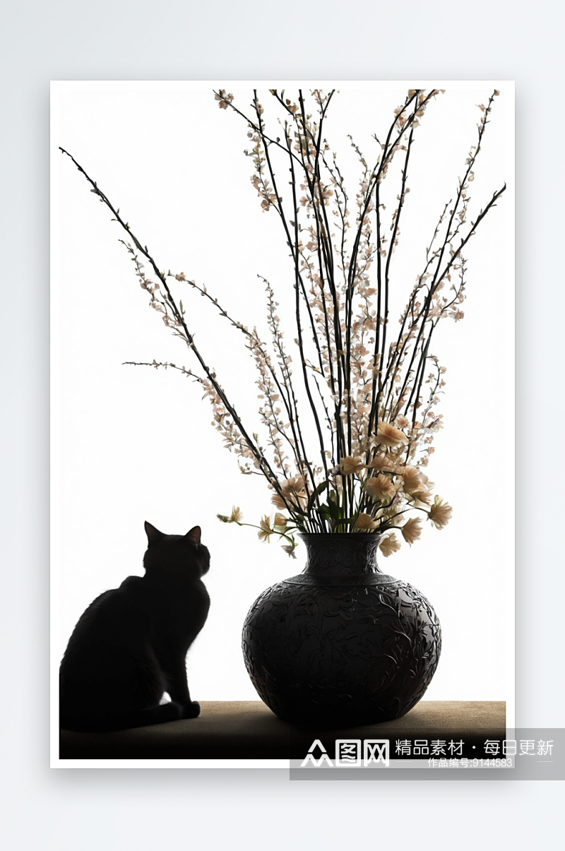 猫坐花瓶旁边剪影图片素材