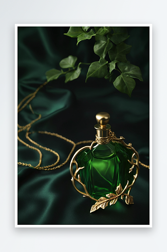 绿色常春藤枝项链香水瓶深绿色缎子背景图片