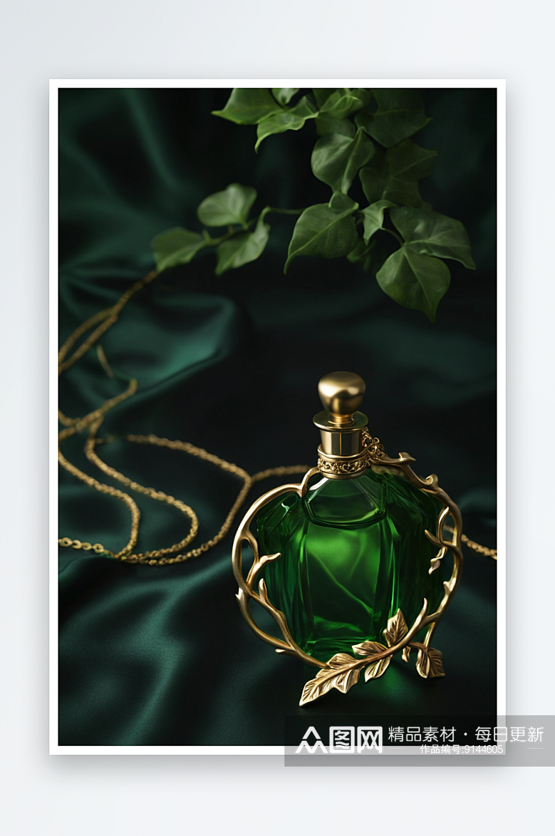 绿色常春藤枝项链香水瓶深绿色缎子背景图片素材