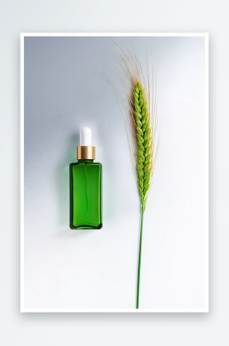 绿色玻璃瓶装着小麦胚芽油化妆液平躺风格图