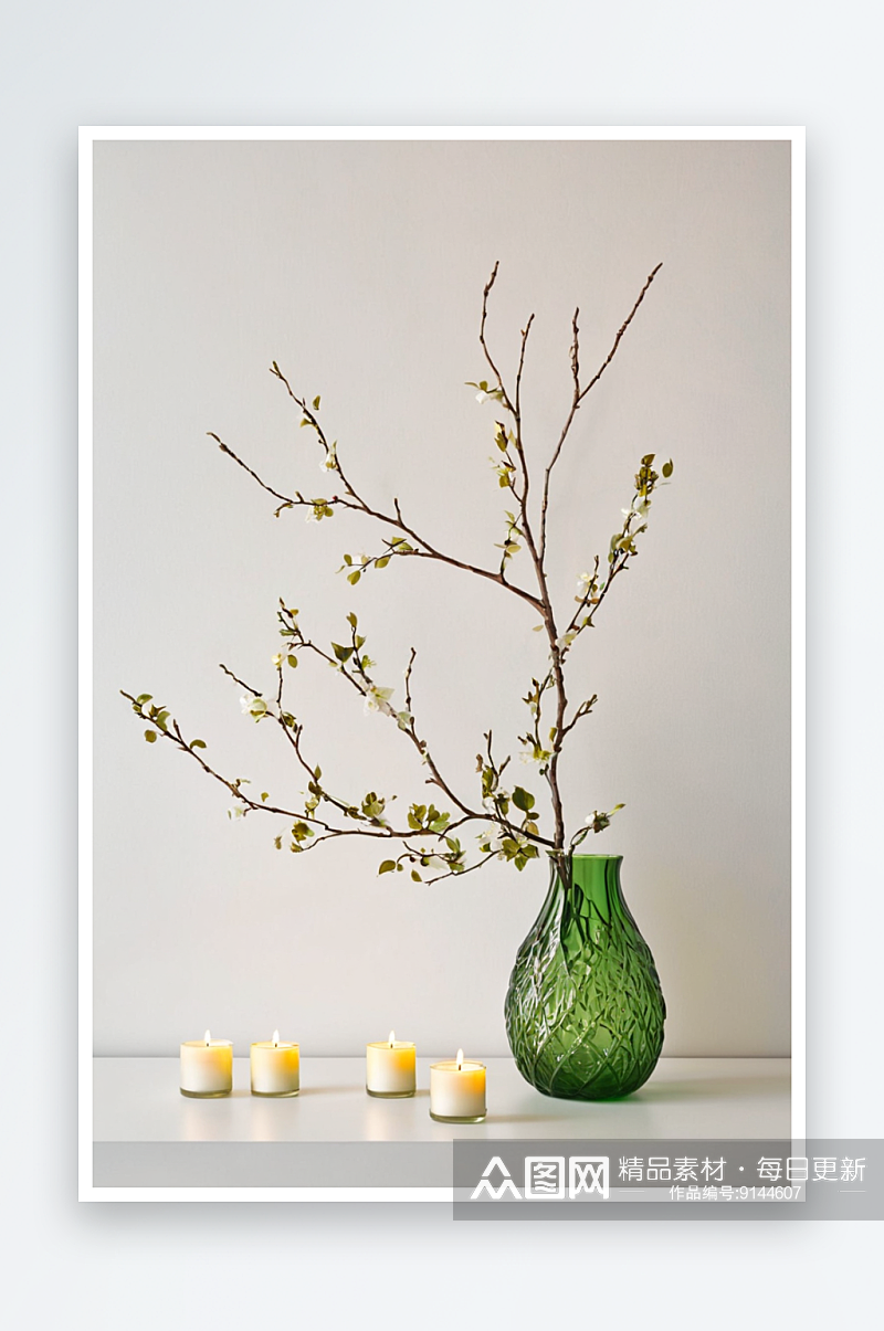 绿色玻璃花瓶里插着树枝白色桌子上放着蜡烛素材