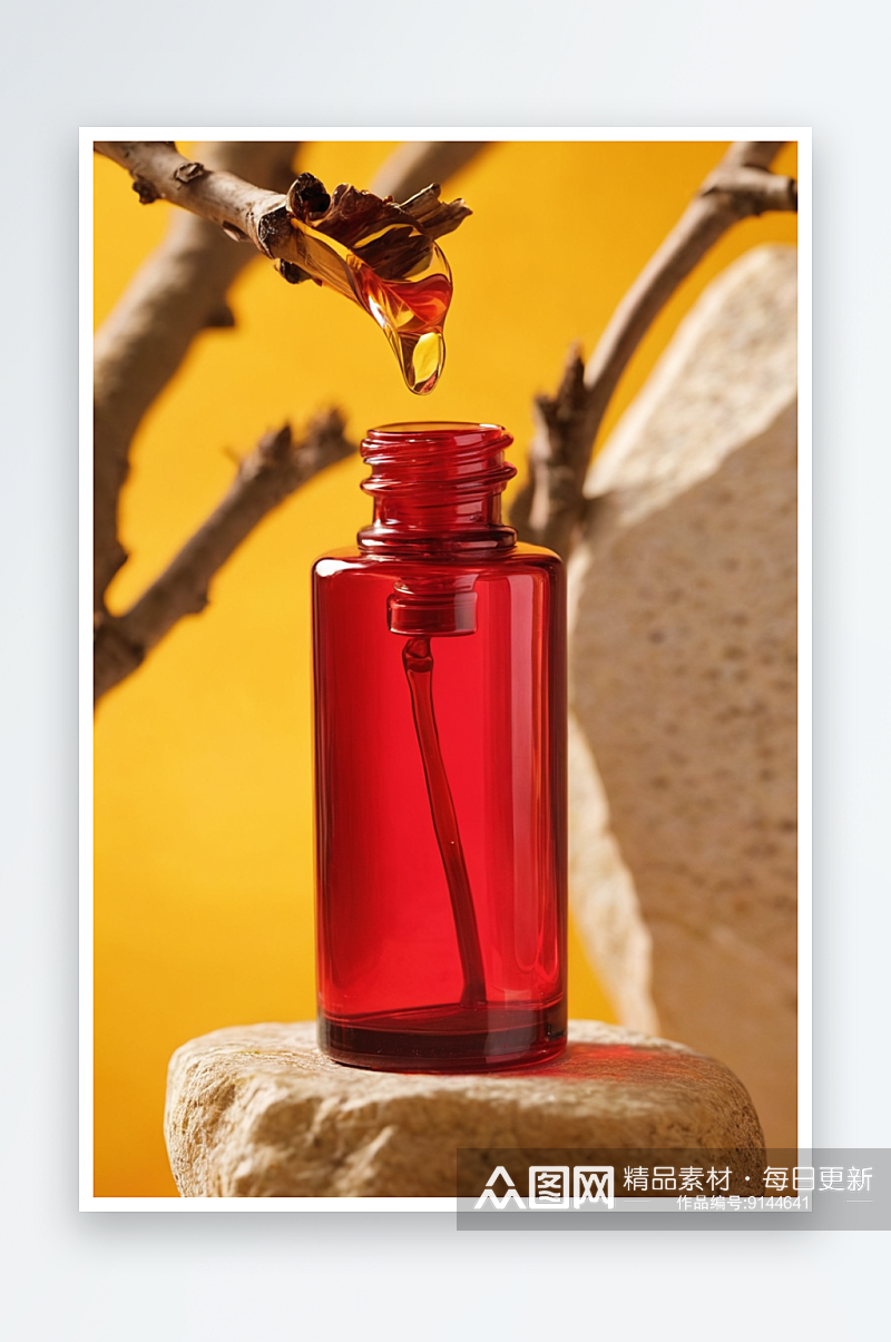 脸上血清滴入红色玻璃瓶放置靠近干燥树枝粗素材