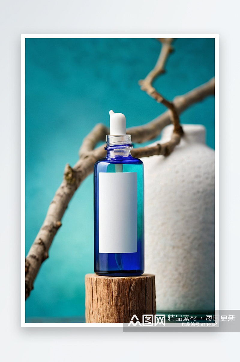 蓝色玻璃瓶装有精油或面部精华液置于木裙台素材
