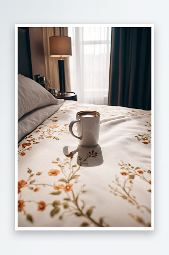 酒店房间床上放一杯咖啡图片