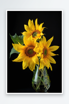 黑色背景下花瓶里黄色向日葵特写图片