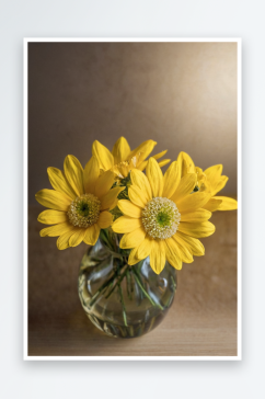 芬兰SU桌子上花瓶里黄色花朵特写图