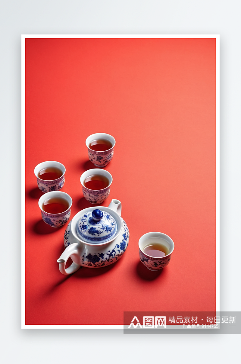 传统文化青花瓷茶几上茶喝喜庆红色福字节日素材