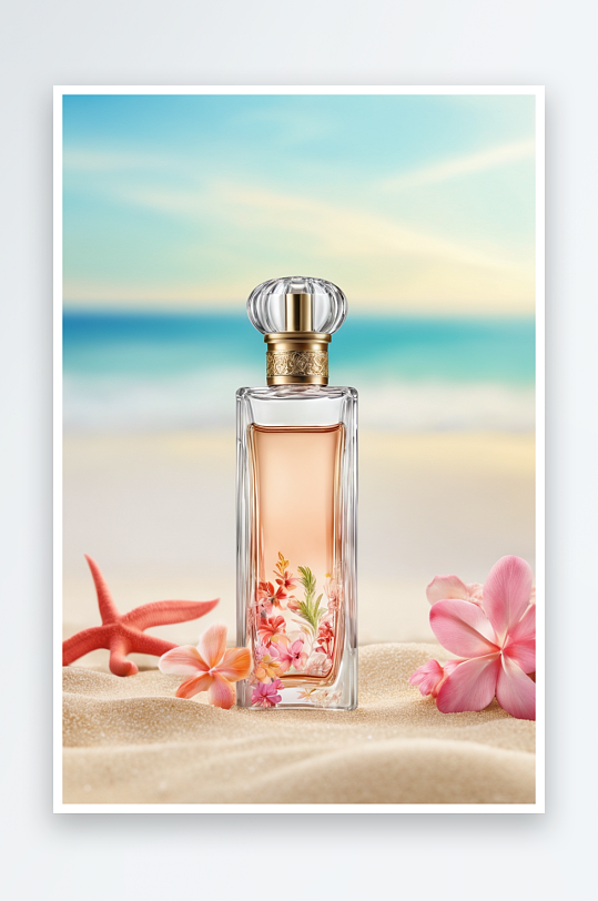 玻璃瓶香水瓶子海边沙滩广告图片