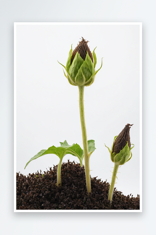 白色背景上一株正发芽向日葵幼苗茎叶图片