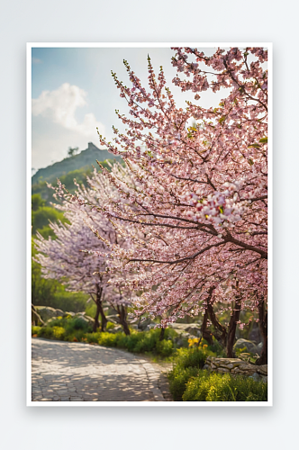 春季粉红樱花特写公园路边大片粉红色花海棠