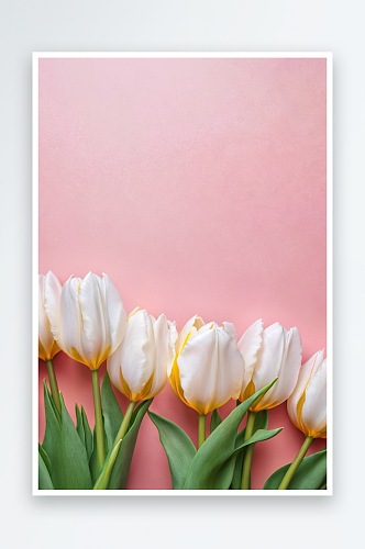 白色郁金香粉红色背景美丽花朵作为平坦背景