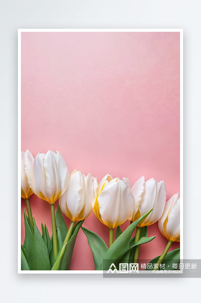 白色郁金香粉红色背景美丽花朵作为平坦背景素材