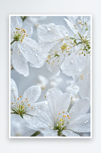 白色花朵绿色叶子框架柔粉彩蓝色背景俯视图
